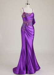 Spaghetti Straps Scoop Corset Sequins Jersey Trumpet/Mermaid Maxi Dress With Leg Slit