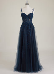 Spaghetti Straps V-Neck Sweet & Flow Rhinestone Tulle A-line Maxi Dress