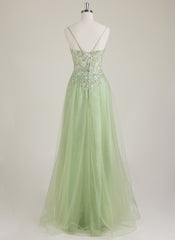 Robe Longue Trapèze en Tulle à Paillettes Brodée Col V à Bretelles Spaghetti