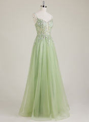 Robe Longue Trapèze en Tulle à Paillettes Brodée Col V à Bretelles Spaghetti