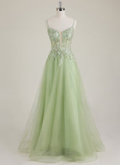 Robe Longue Trapèze en Tulle à Paillettes Brodée Col V à Bretelles Spaghetti