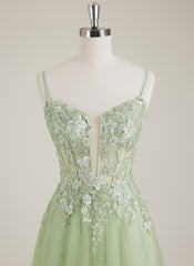 Robe Longue Trapèze en Tulle à Paillettes Brodée Col V à Bretelles Spaghetti