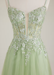 Robe Longue Trapèze en Tulle à Paillettes Brodée Col V à Bretelles Spaghetti