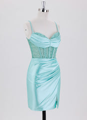 Sheath/Column Spaghetti Straps Short Satin Homecoming Dress With Beading