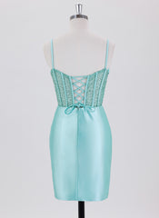 Sheath/Column Spaghetti Straps Short Satin Homecoming Dress With Beading