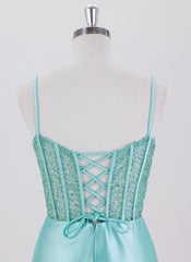 Sheath/Column Spaghetti Straps Short Satin Homecoming Dress With Beading