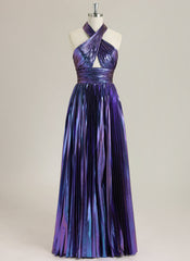 A-Line Sleeveless Floor-Length Metallic Prom Dress With Pleated