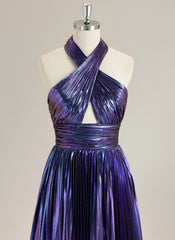 A-Line Sleeveless Floor-Length Metallic Prom Dress With Pleated