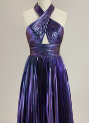 A-Line Sleeveless Floor-Length Metallic Prom Dress With Pleated