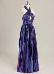 A-Line Sleeveless Floor-Length Metallic Prom Dress With Pleated