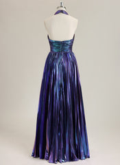 A-Line Sleeveless Floor-Length Metallic Prom Dress With Pleated