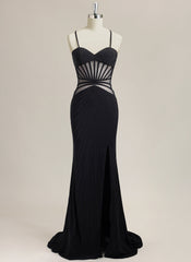 Trumpet/Mermaid Spaghetti Straps Sweep Train Jersey Prom Dress With Rhinestone