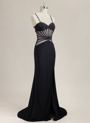 Trumpet/Mermaid Spaghetti Straps Sweep Train Jersey Prom Dress With Rhinestone