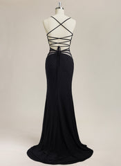 Trumpet/Mermaid Spaghetti Straps Sweep Train Jersey Prom Dress With Rhinestone