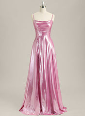 A-Line Spaghetti Straps Sweep Train Metallic Prom Dress