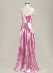 A-Line Spaghetti Straps Sweep Train Metallic Prom Dress