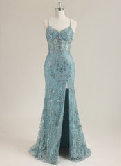 Trumpet/Mermaid Spaghetti Straps Sweep Train Sequin Prom Dress