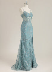 Trumpet/Mermaid Spaghetti Straps Sweep Train Sequin Prom Dress