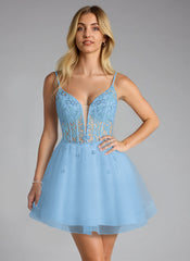 Ball-Gown/Princess V-Neck Short Tulle Mini Dress With Beading Sequins