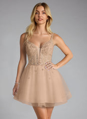 Ball-Gown/Princess V-Neck Short Tulle Mini Dress With Beading Sequins