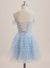 Ball-Gown/Princess Off the Shoulder Short Tulle Mini Dress With Sequins Appliques Lace
