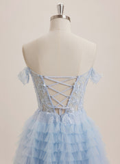 Ball-Gown/Princess Off the Shoulder Short Tulle Mini Dress With Sequins Appliques Lace