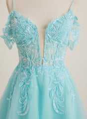 A-line Off the Shoulder Short Tulle Mini Dress With Beading Sequins