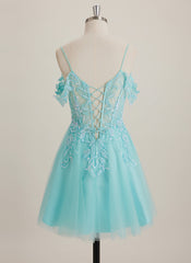 A-line Off the Shoulder Short Tulle Mini Dress With Beading Sequins