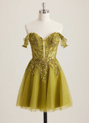 A-line Off the Shoulder Short Tulle Mini Dress With Beading Appliques Lace Sequins