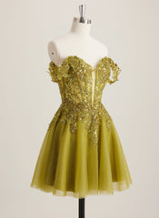 A-line Off the Shoulder Short Tulle Mini Dress With Beading Appliques Lace Sequins