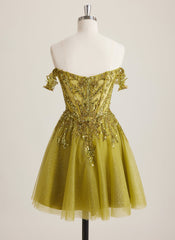 A-line Off the Shoulder Short Tulle Mini Dress With Beading Appliques Lace Sequins
