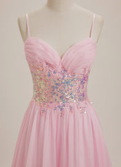A-line V-Neck Sweep Train Chiffon Maxi Dresses With Sequins