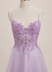 A-line V-Neck Floor-Length Tulle Maxi Dresses With Sequins