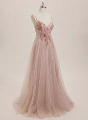 Ball-Gown/Princess V-Neck Sweep Train Tulle Maxi Dresses With Rhinestone Appliques Lace Sequins