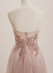 Ball-Gown/Princess V-Neck Sweep Train Tulle Maxi Dresses With Rhinestone Appliques Lace Sequins