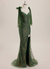 Trumpet/Mermaid V-Neck Sweep Train Sequin Maxi Dresses With Bow Sequins Beading