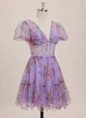 A-line V-Neck Short Tulle Mini Dress