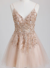 A-line V-Neck Short Tulle Homecoming Dress With Beading Sequins