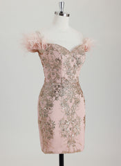 Bodycon Off the Shoulder Short Sequin Homecoming Dress With Faux Feather Sequins