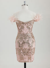 Bodycon Off the Shoulder Short Sequin Homecoming Dress With Faux Feather Sequins