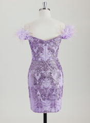Bodycon Off the Shoulder Short Sequin Homecoming Dress With Faux Feather Sequins
