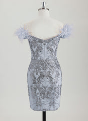 Bodycon Off the Shoulder Short Sequin Homecoming Dress With Faux Feather Sequins