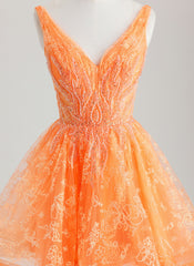 A-line V-Neck Short Lace Tulle Homecoming Dress With Beading Sequins