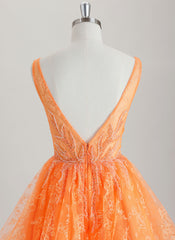 A-line V-Neck Short Lace Tulle Homecoming Dress With Beading Sequins