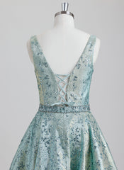 A-line V-Neck Short Metallic Homecoming Dress With Rhinestone Beading Sequins