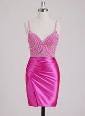 Sheath/Column V-Neck Short Silky Satin Mini Dress With Sequins Beading