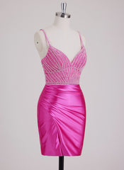 Sheath/Column V-Neck Short Silky Satin Mini Dress With Sequins Beading