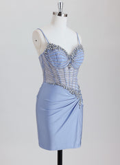 Sheath Spaghetti Traps Short Silky Satin Homecoming Dress With Rhinestone