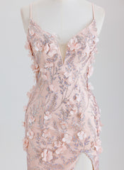 Sheath Spaghetti Straps Short Sequined Homecoming Dress With 3D Floral