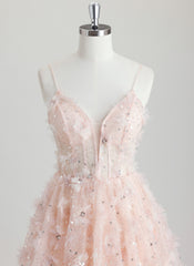 Ball-Gown/Princess V-Neck Short Tulle Homecoming Dress With Beading 3D Floral Sequins